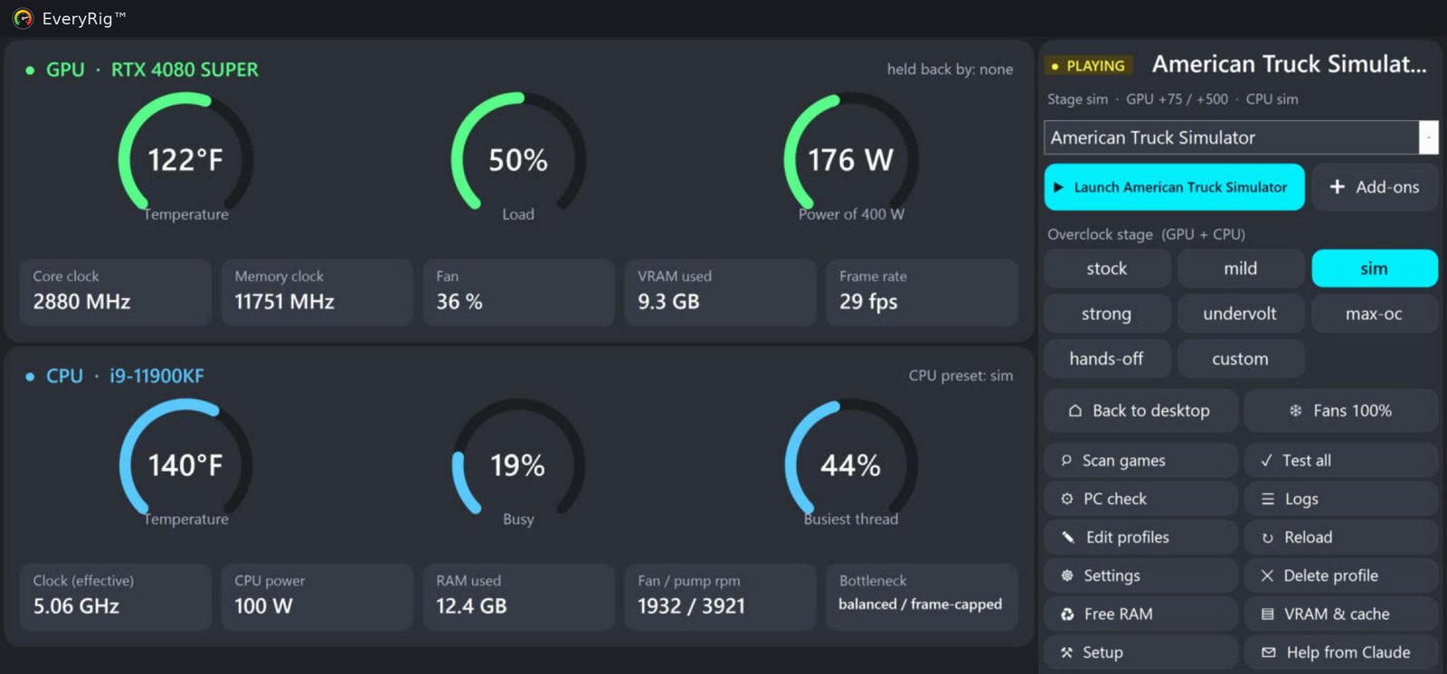 The EveryRig dashboard while American Truck Simulator runs: the game's 'sim' tune is on, with live GPU and CPU temperatures, clocks, power and frame rate